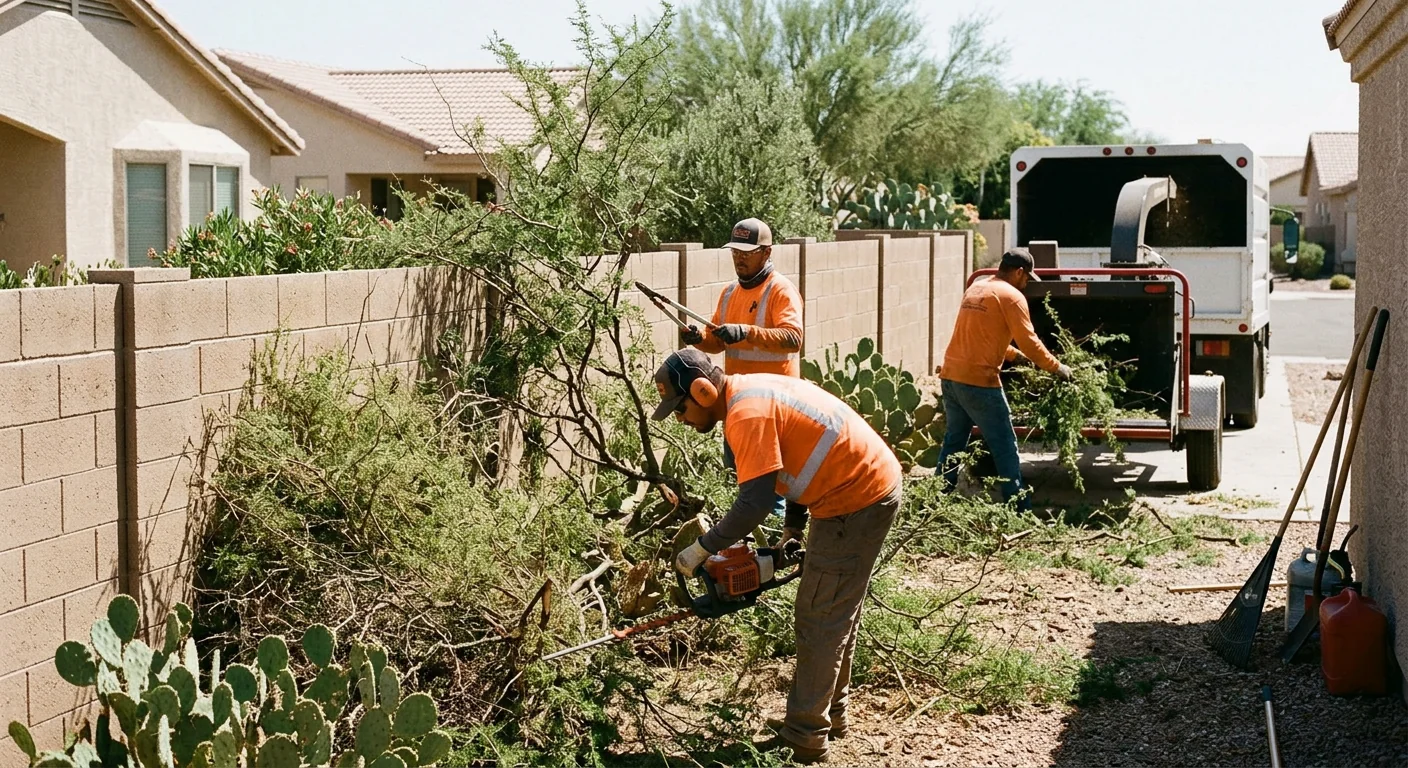 Crew clearing overgrown desert brush along a Sun City residential fence line