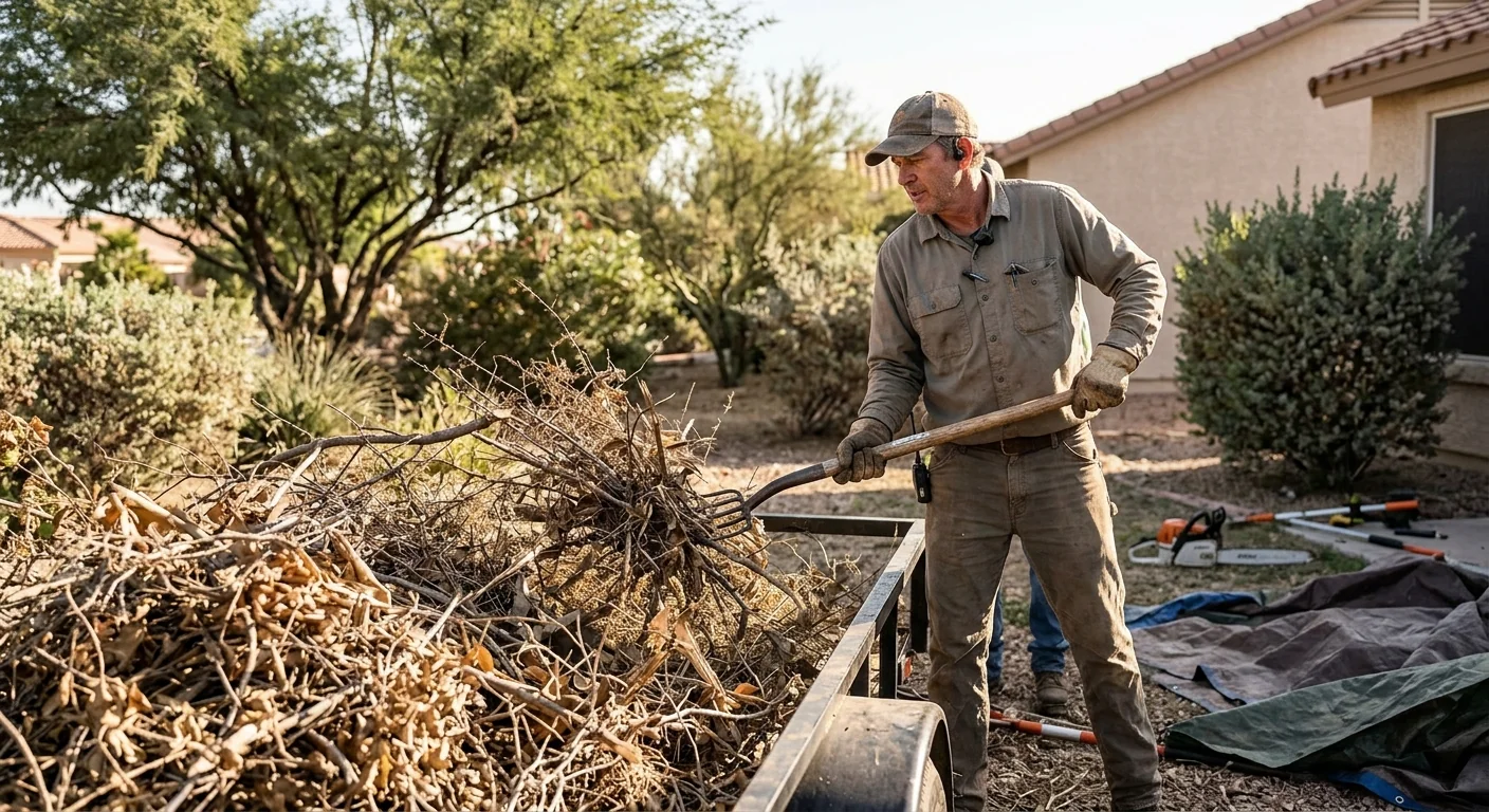 Dense undergrowth and dry shrub debris gathered for hauling from a property