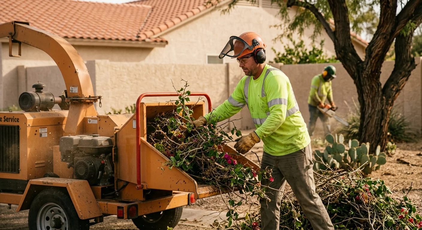 Worker feeding cut vegetation into a chipper during brush clearing
