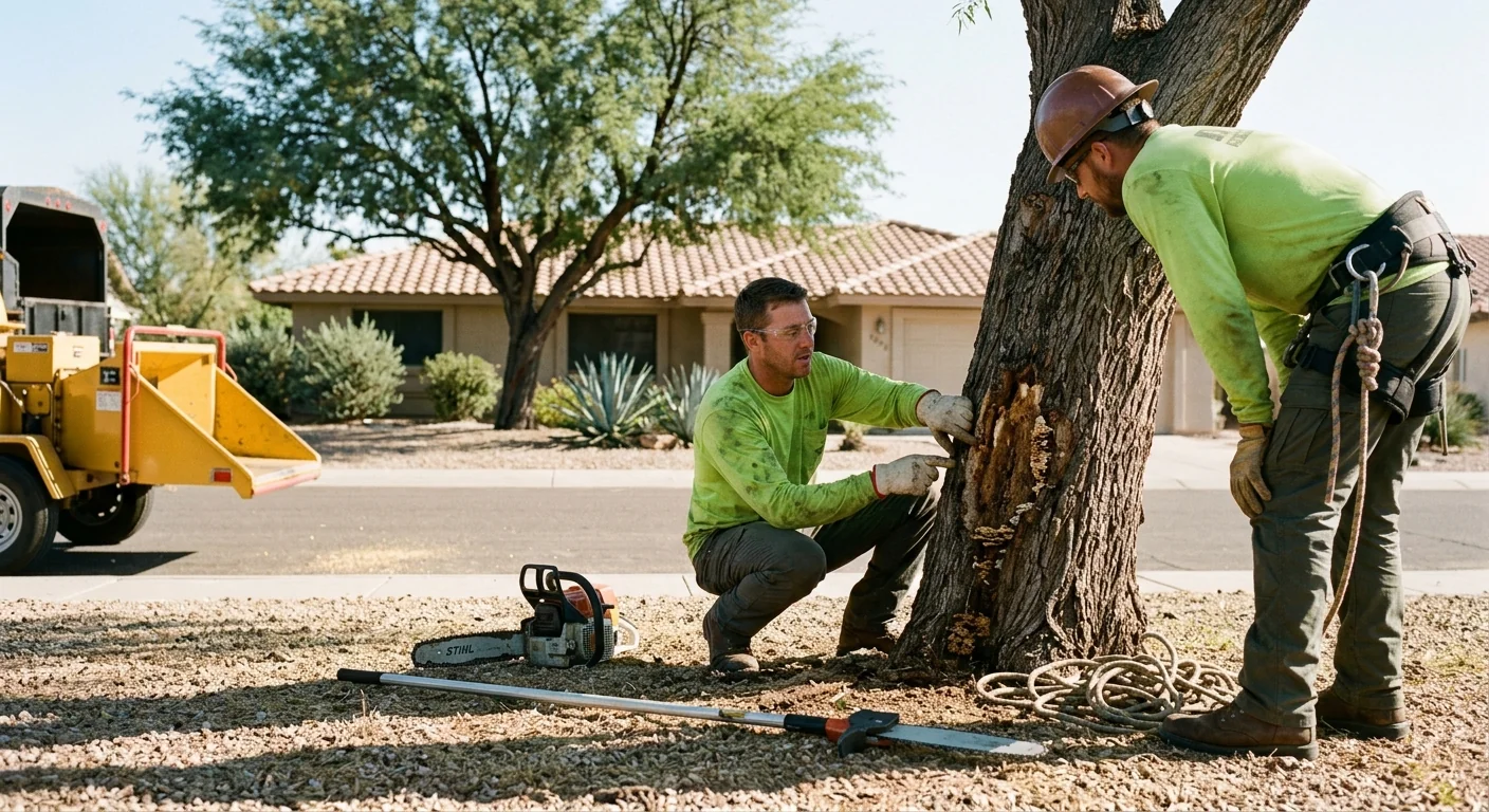 Crane lifting a large removed tree over a residential Sun City backyard