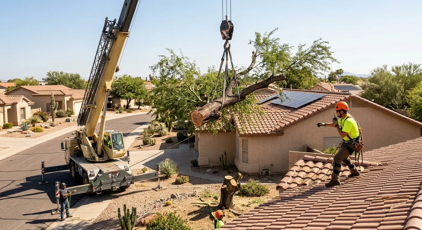 Crane lifting a large tree section away from a Sun City rooftop