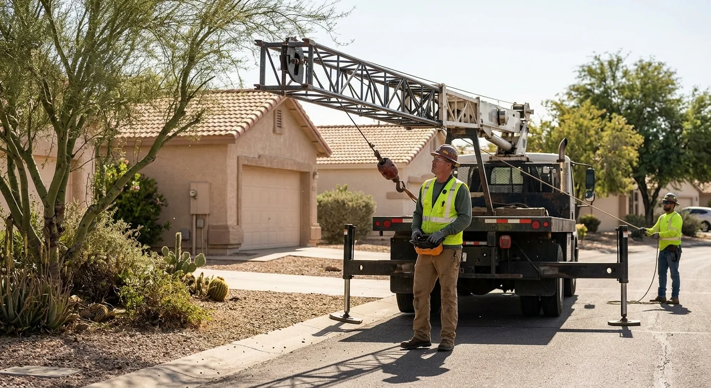 Certified operator positioning crane near a desert residential property