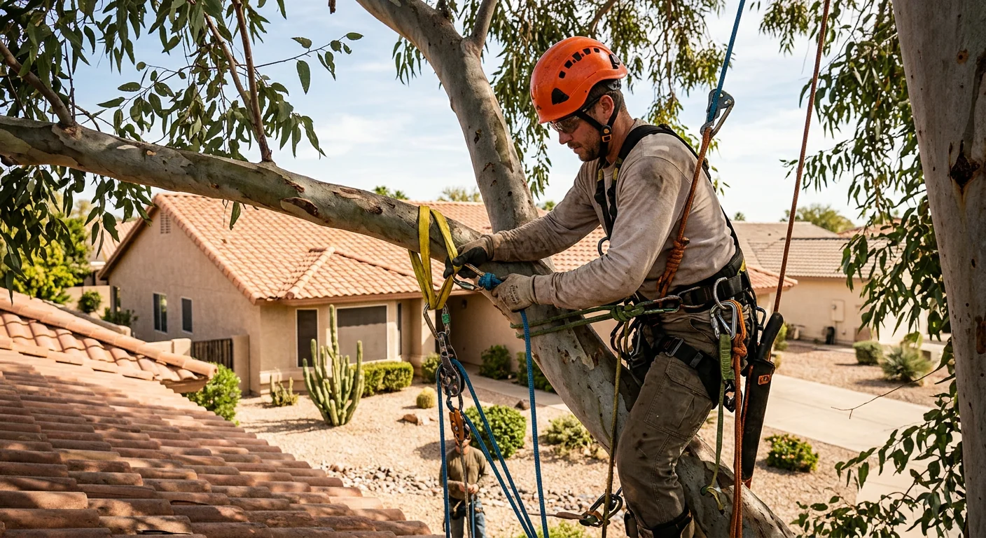 Climber attaching rigging to a heavy limb before removal