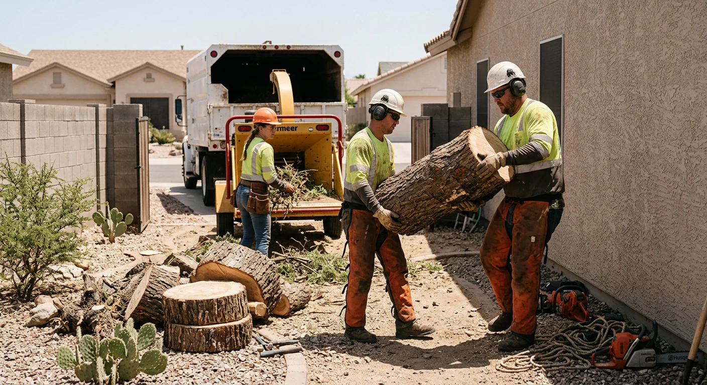 Crew clearing cut tree sections from a tight backyard lot