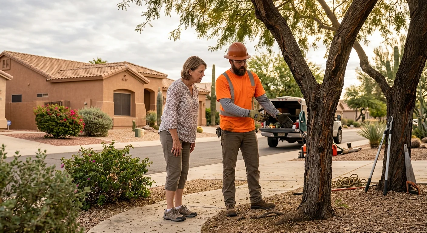 Arborist reviewing a leaning hazardous tree near a Sun City home