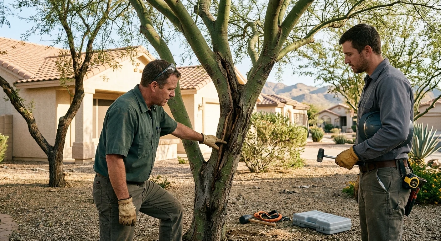 Arborist inspecting a storm-damaged tree leaning over a Sun City home