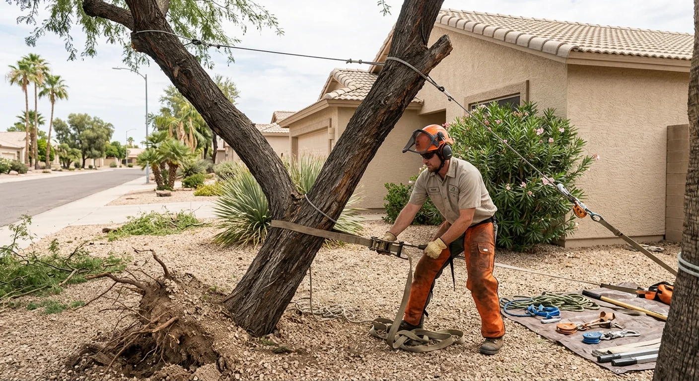 Arborist stabilizing a storm-damaged tree leaning toward a Sun City home