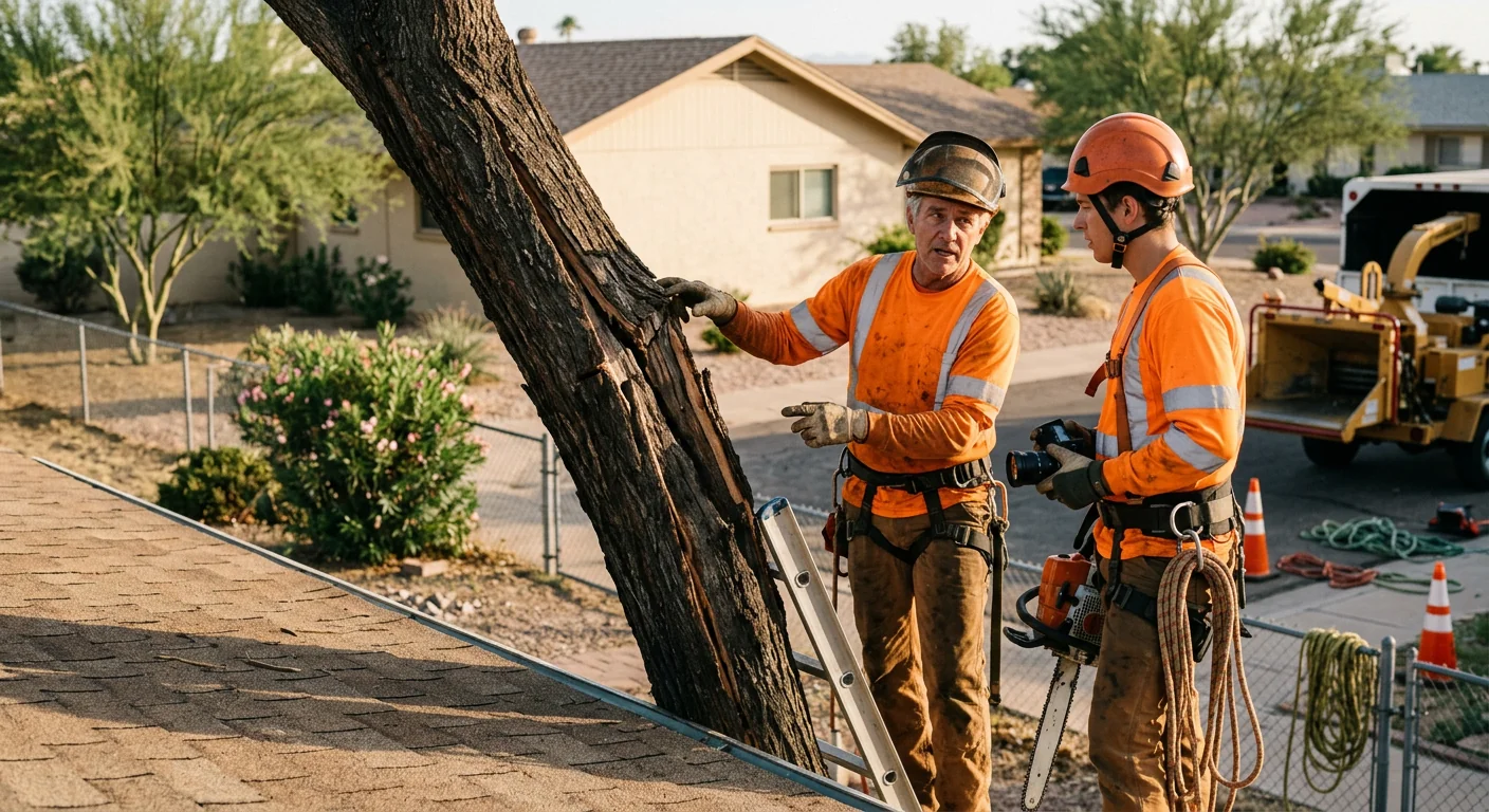 Emergency tree crew inspecting a split trunk near a rooftop