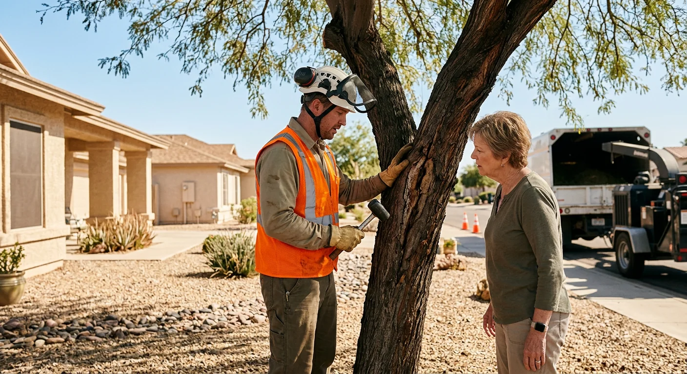 Arborist evaluating a leaning hazardous tree near a Sun City home before removal