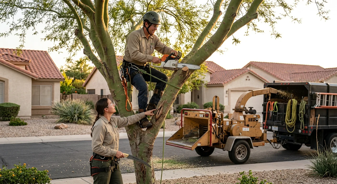 Arborist inspecting a leaning hazardous tree beside a Sun City desert home before removal