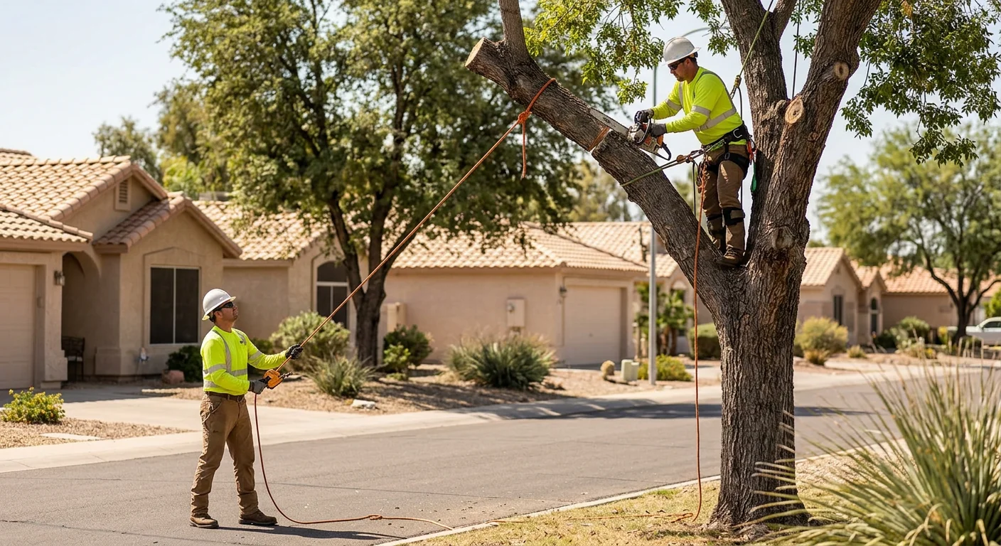 Arborist rigging a large limb during hazardous tree removal in Sun City