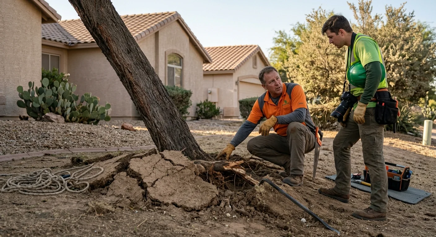 Crew inspecting a leaning trunk with visible root-plate movement on a residential lot