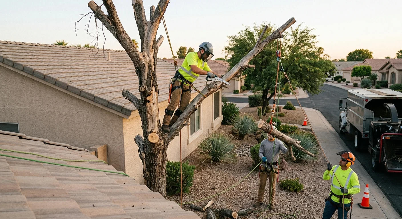 Sectional dismantling of a dead tree near a Sun City home roofline