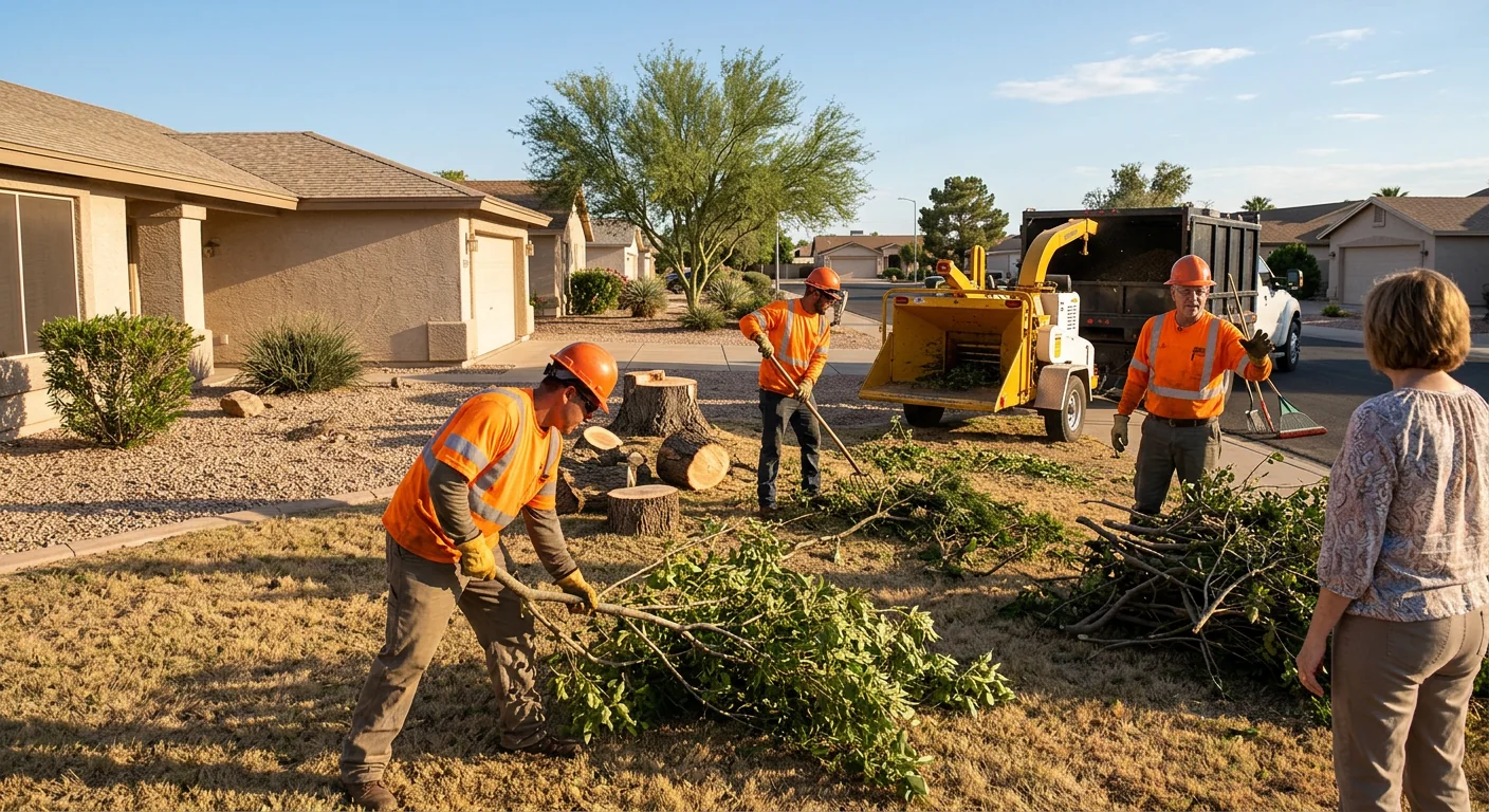 Ground team clearing branch debris after a hazardous tree takedown