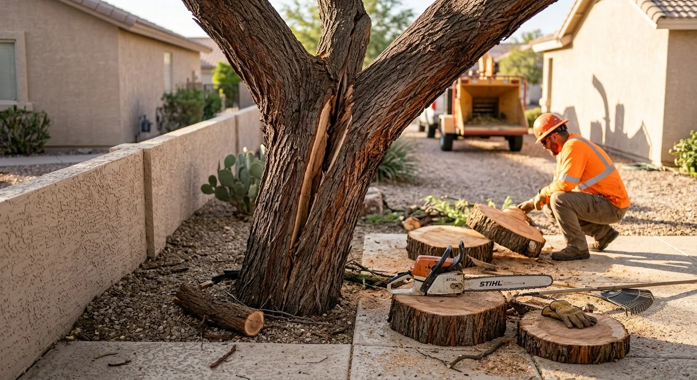 Storm-Split Mesquite Sectioned Over a Backyard Patio