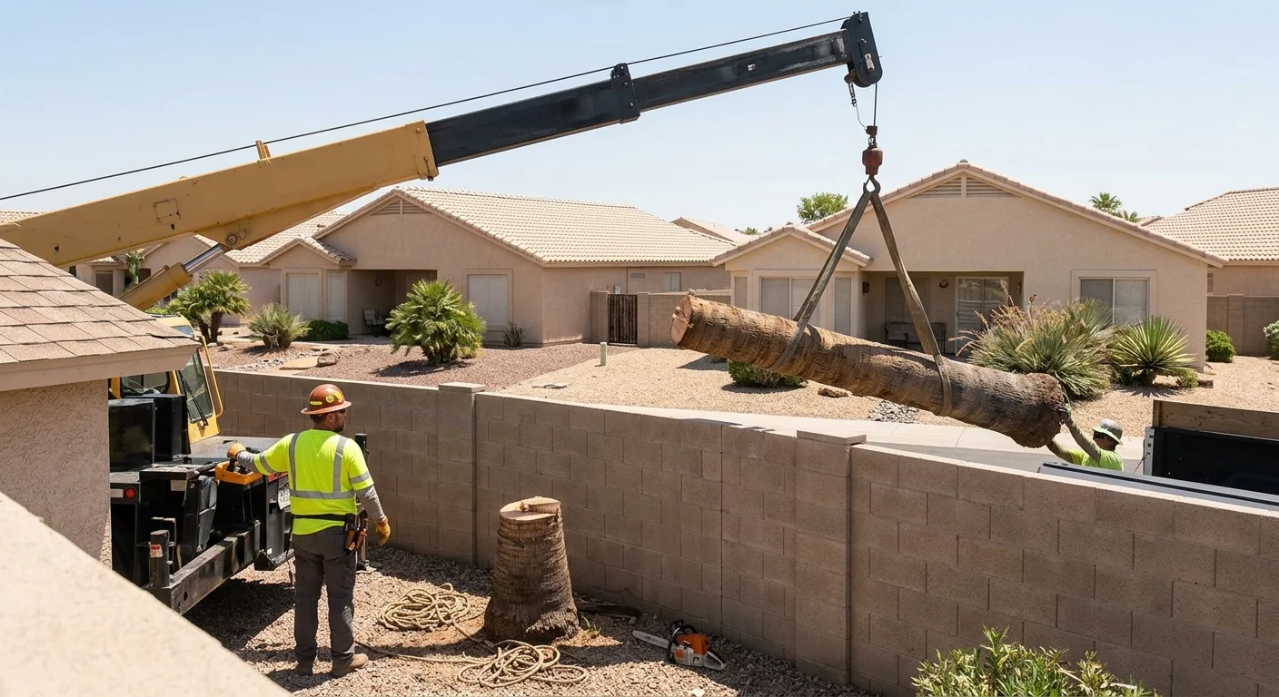 Dead Palm Extracted With Crane Access in Tight Yard
