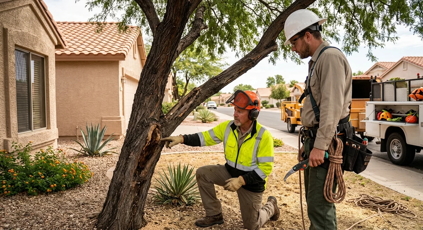Crew performing controlled sectional removal of a hazardous tree beside a Sun City house