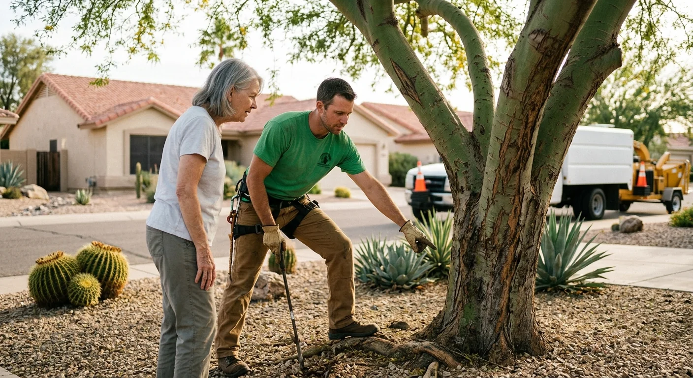 Arborist inspecting a cracked trunk for structural failure in Sun City