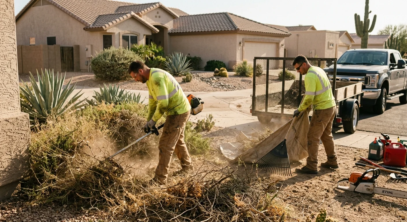 Crew clearing dense desert brush from a residential lot in Sun City