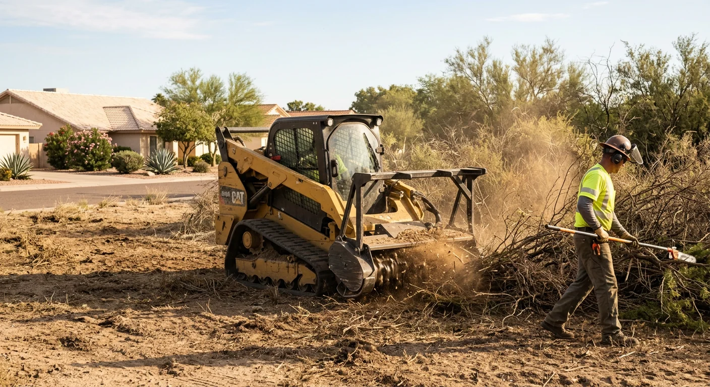 Skid-steer with mulching head reducing overgrown vegetation on a vacant parcel