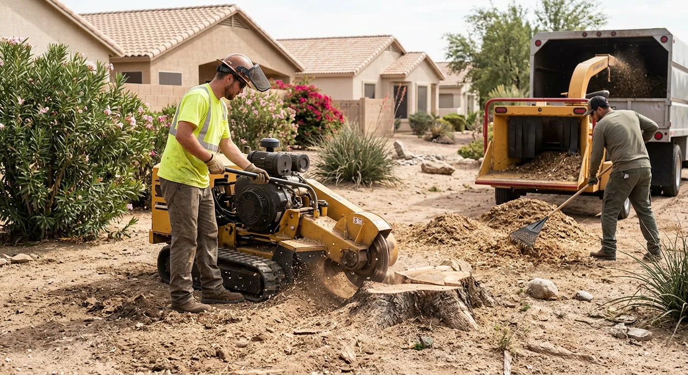 Stump grinding and debris removal during lot clearing project
