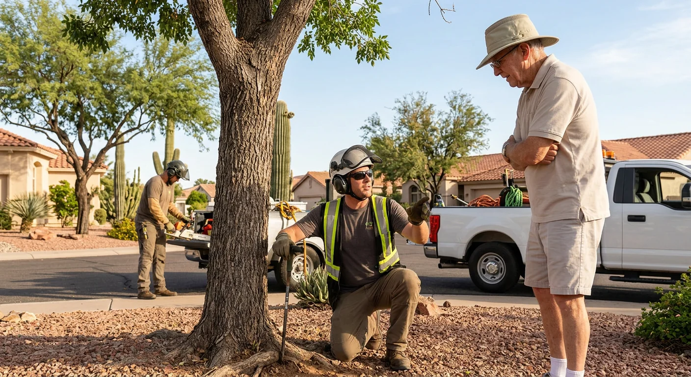 Arborist assessing storm-damaged tree debris in a Sun City backyard after monsoon winds
