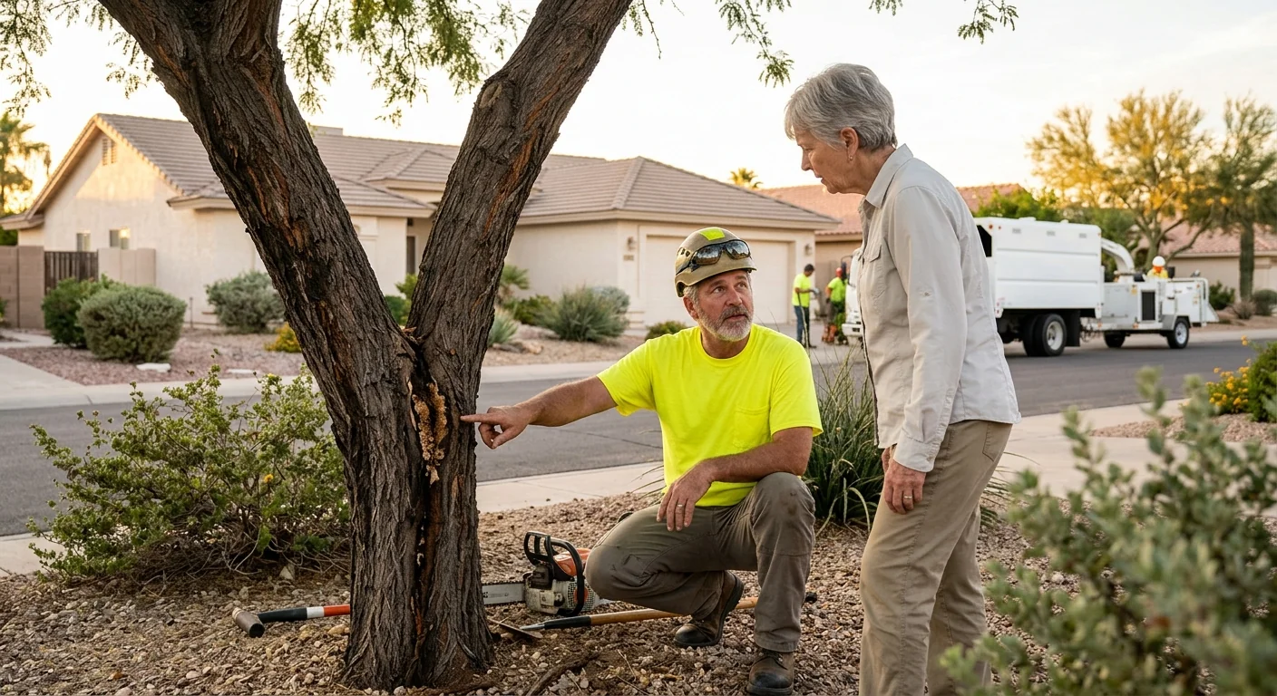 Crew clearing fallen storm-damaged tree limbs from a Sun City residential yard