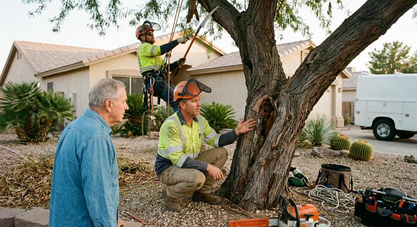 Storm-damaged tree limbs being cleared from a residential yard after high winds