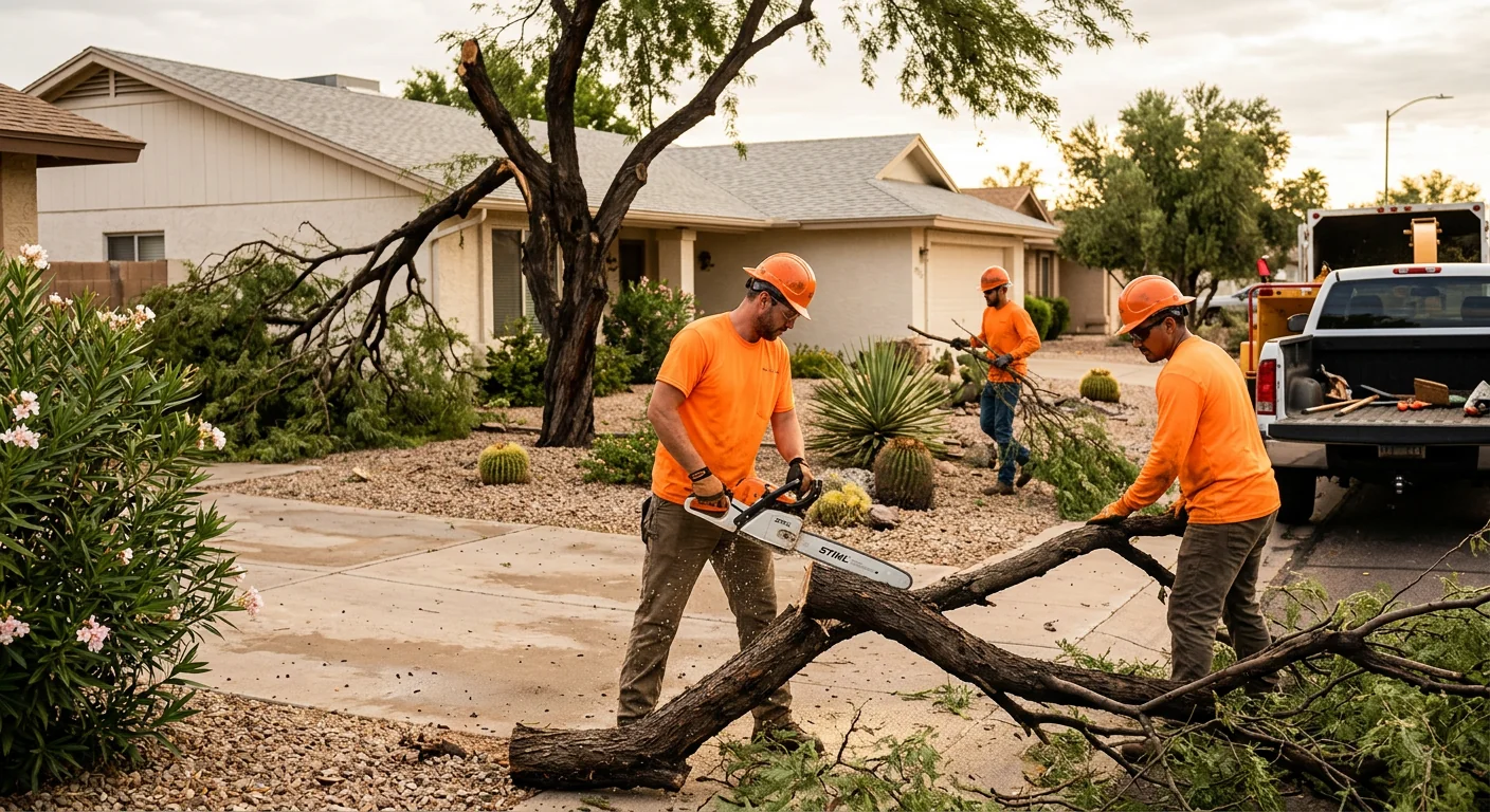 Crew clearing fallen tree limbs from a Sun City yard after a monsoon storm