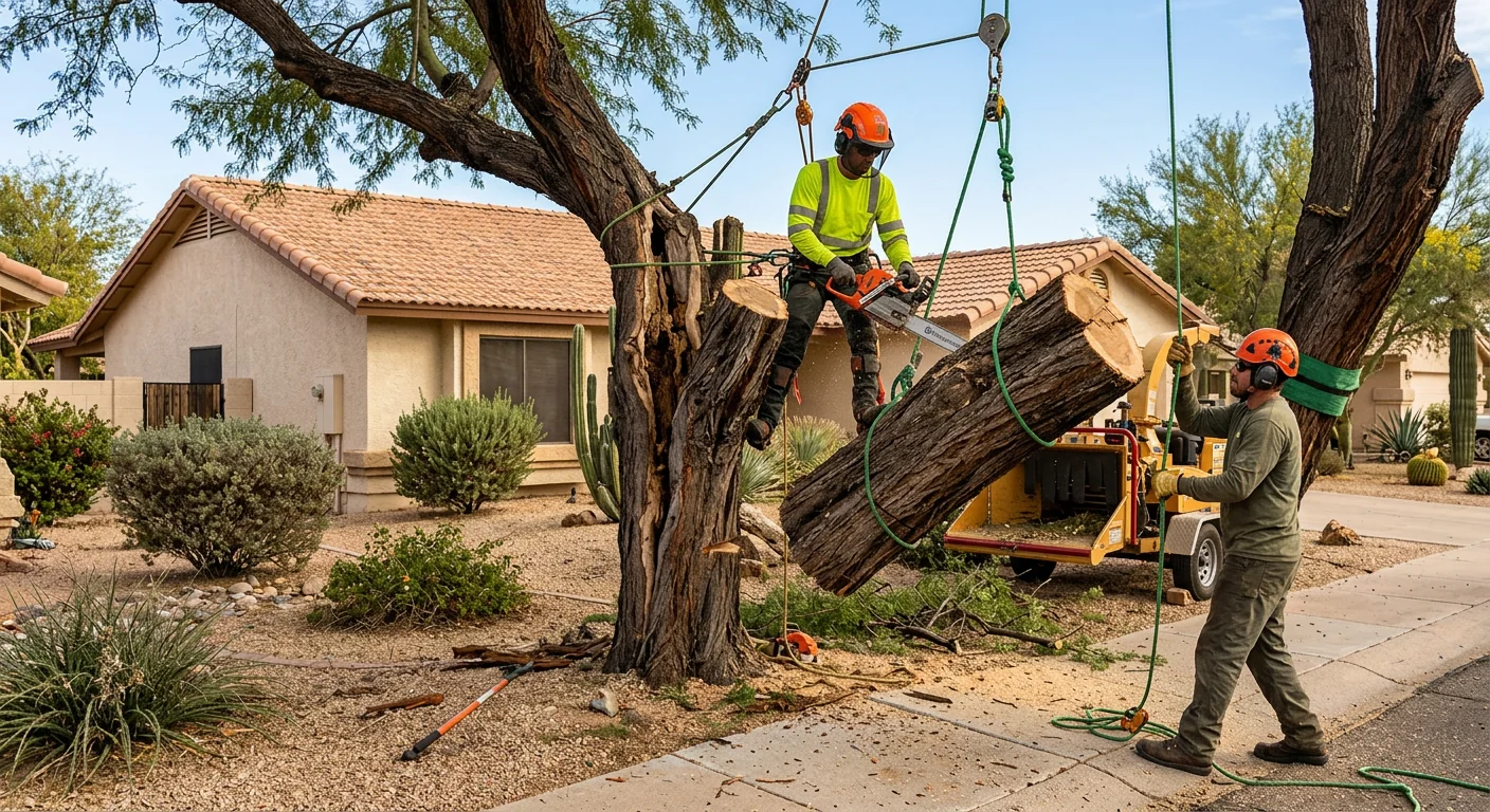 Split mesquite trunk being sectioned and lowered with rigging near a home