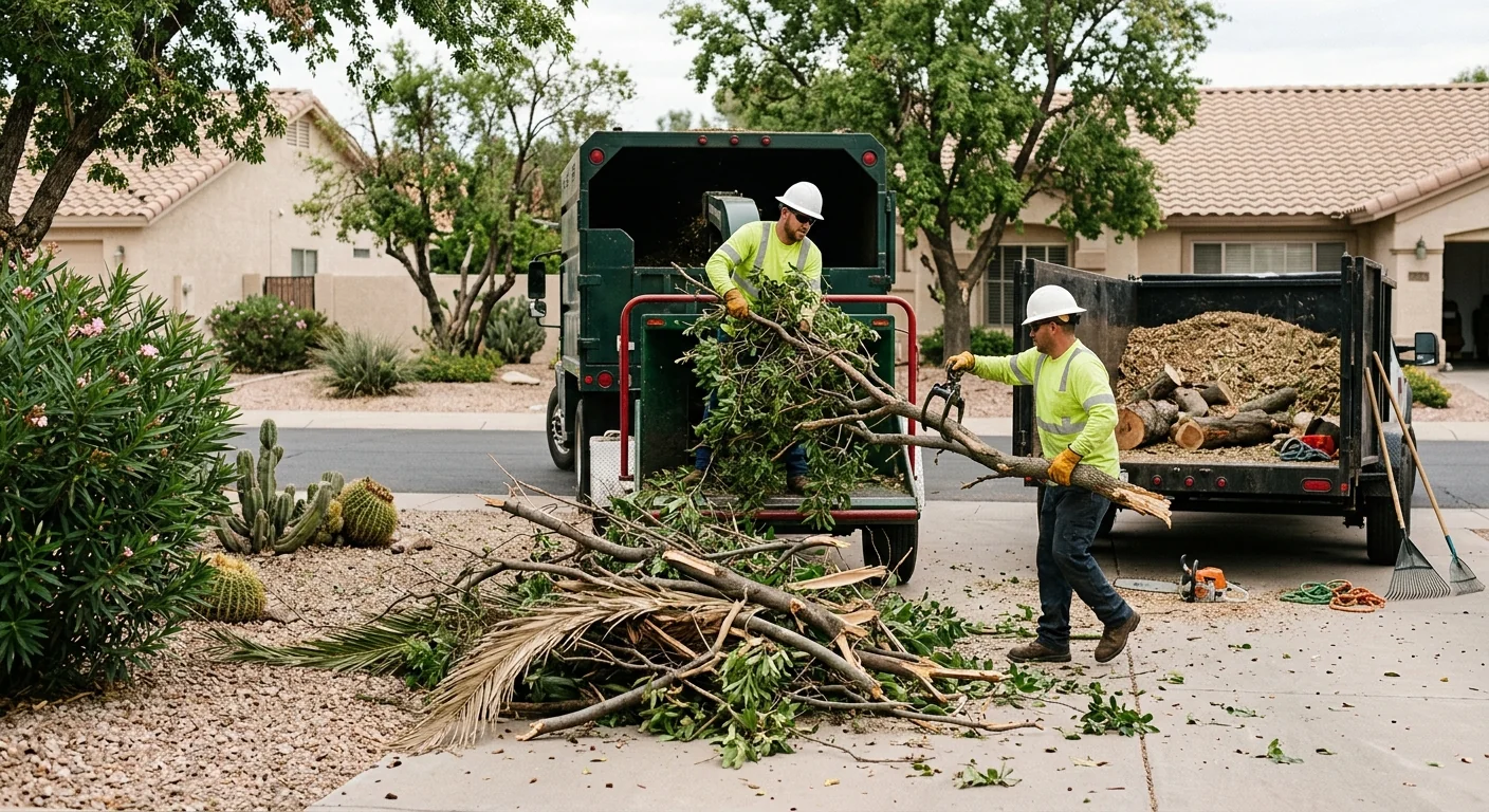 Storm debris and broken branches loaded for haul-off from a residential property