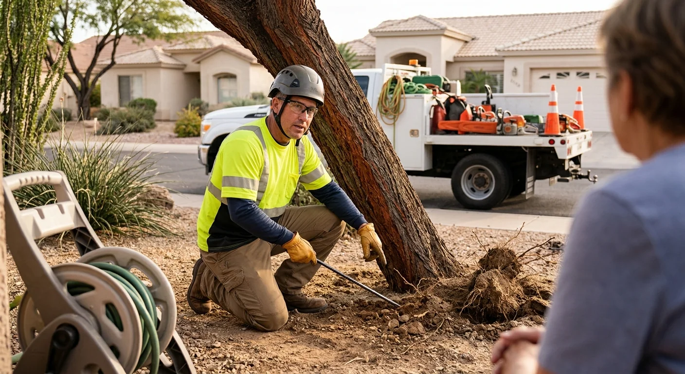 Arborist inspecting a leaning tree with root plate lift after high winds
