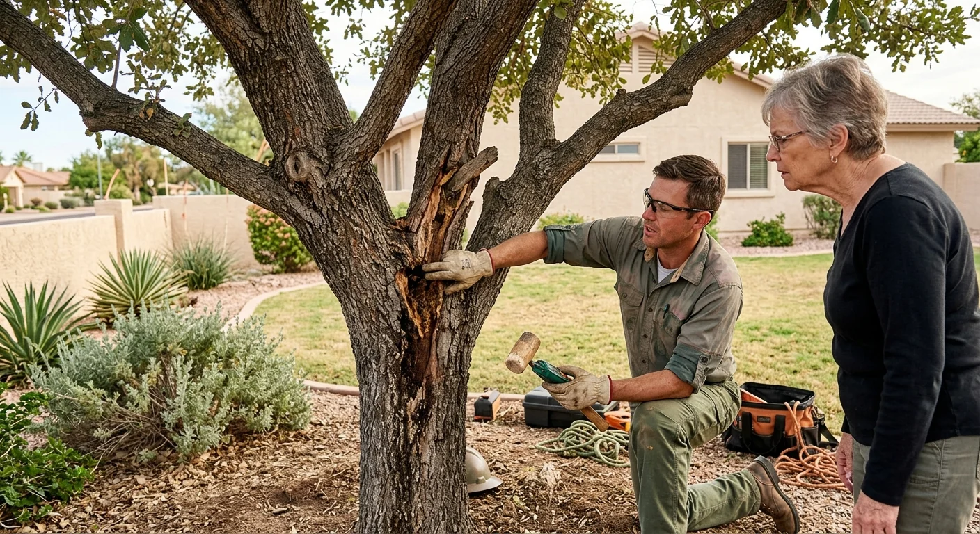 Stump grinder reducing a tree stump to mulch in a Sun City backyard