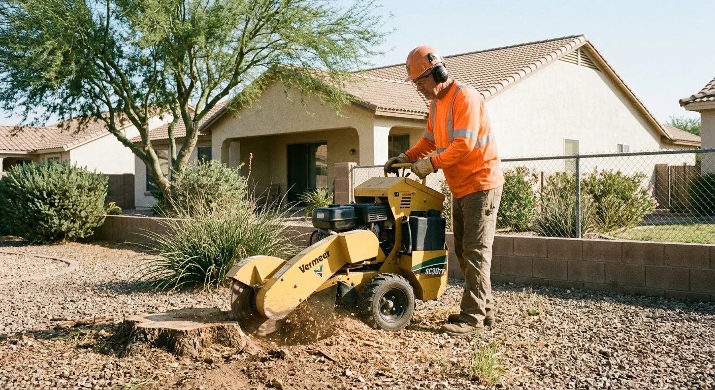 Stump grinder reducing a hardwood stump below grade in a Sun City backyard