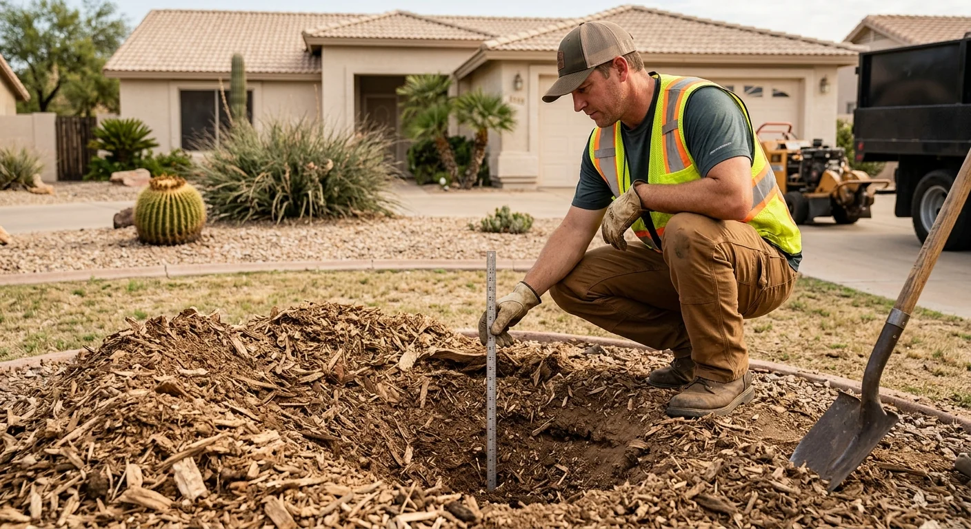 Technician checking grinding depth beside a freshly ground tree stump