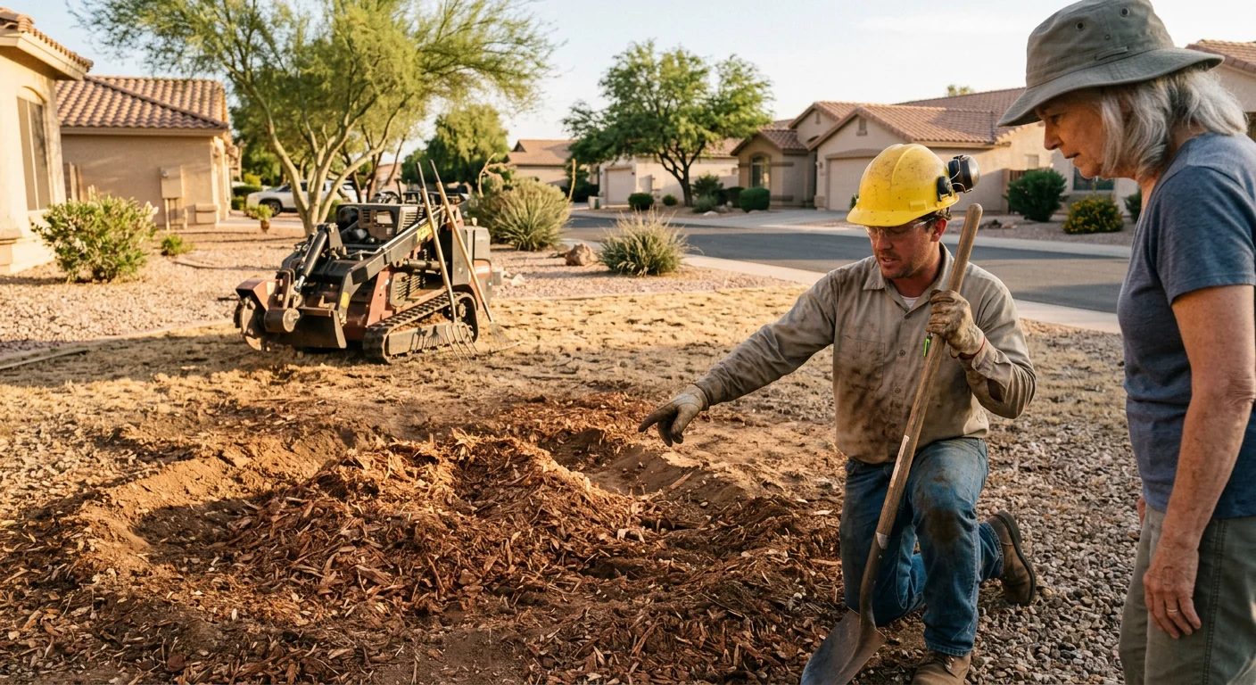 Wood chips and cleared ground where a stump was removed on a desert lot