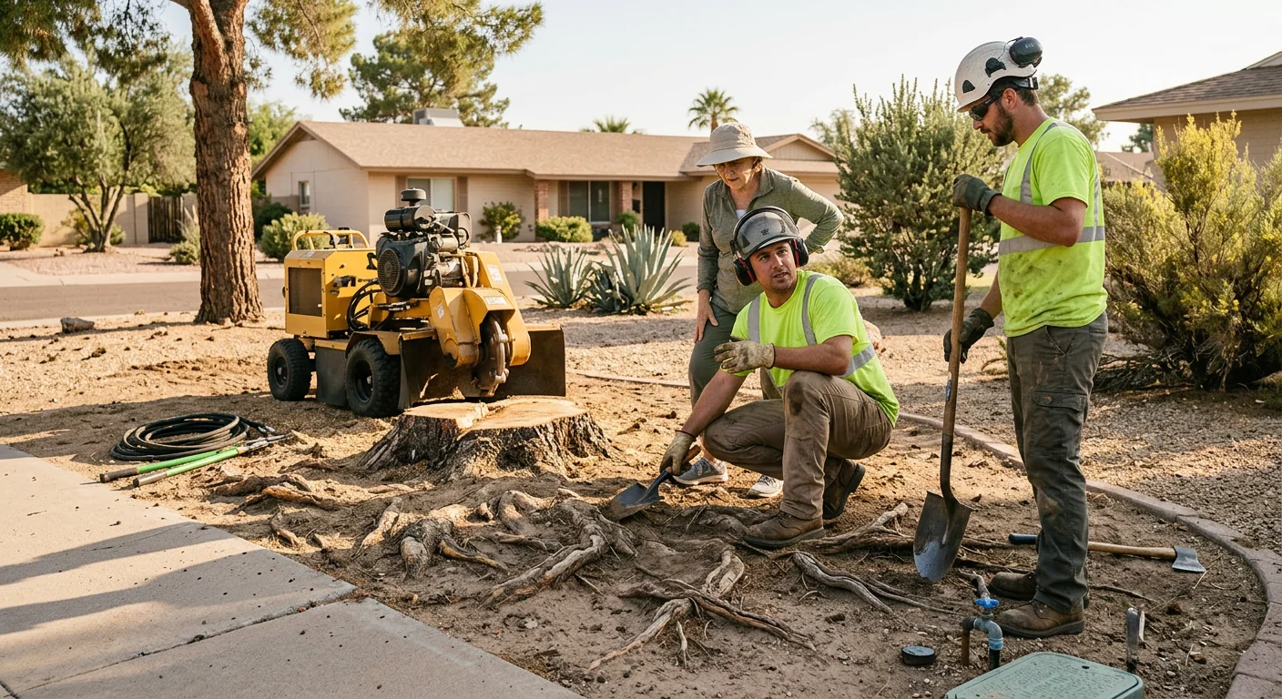 Crew inspecting surface roots before starting stump grinding work