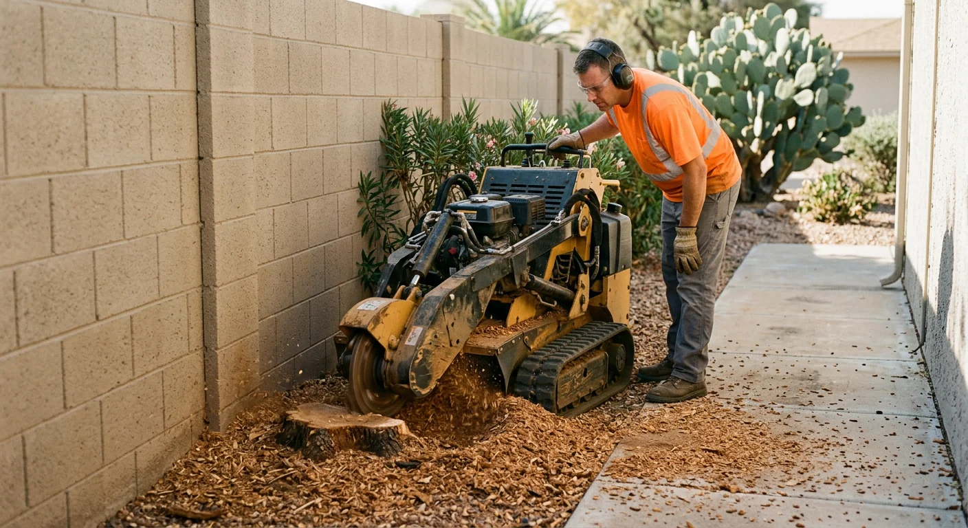 Tight-Access Stump Grinding Near a Block Wall