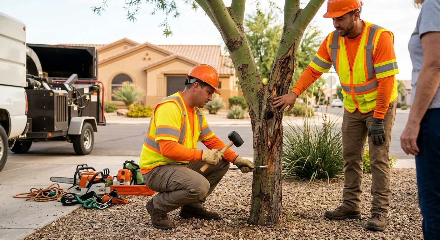 Technician grinding a large stump below grade in a residential yard