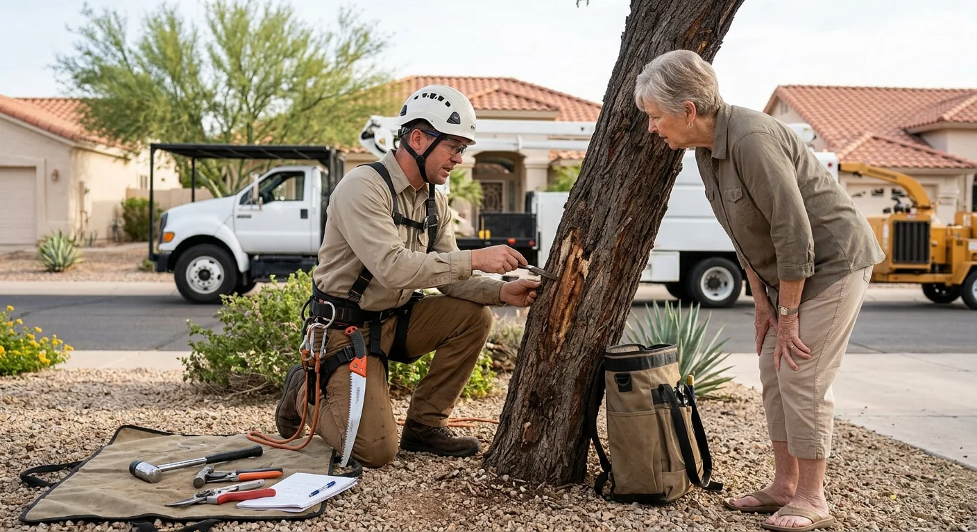 Arborist inspecting cabled branch union on a mature Sun City shade tree