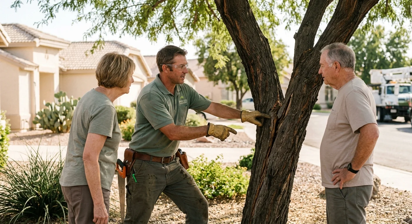 Arborist installing steel cable support in a mature tree canopy in Sun City