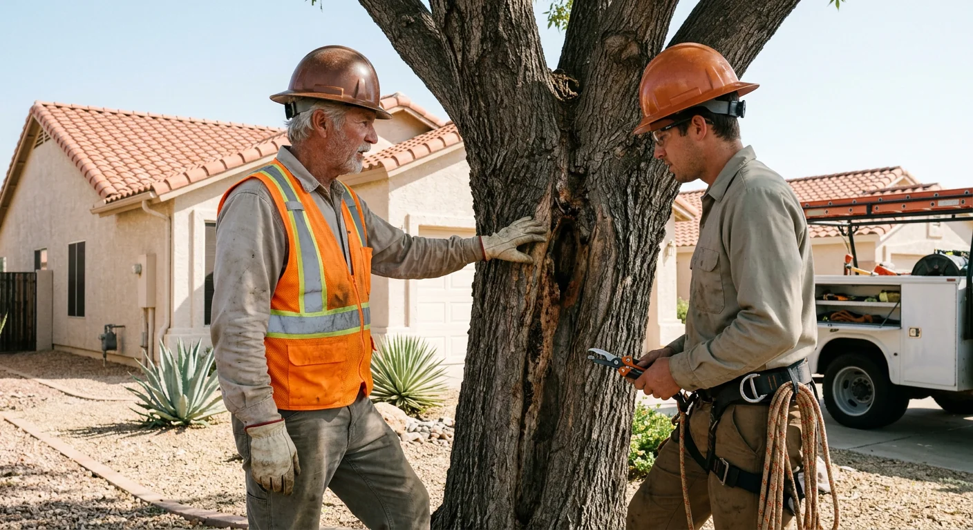 Arborist inspecting support cables installed in a mature tree canopy in Sun City