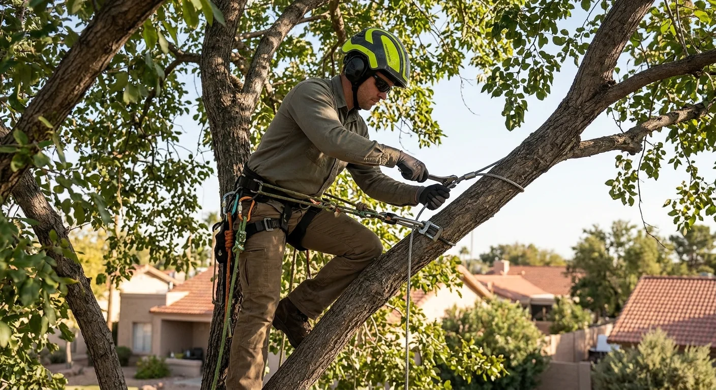 Arborist installing steel support cable high in a mature tree canopy