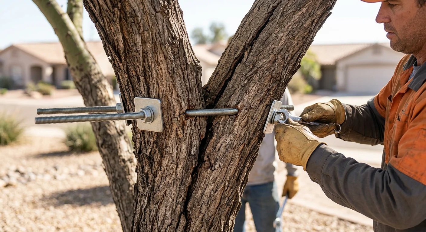 Close view of threaded rod bracing stabilizing a cracked trunk union