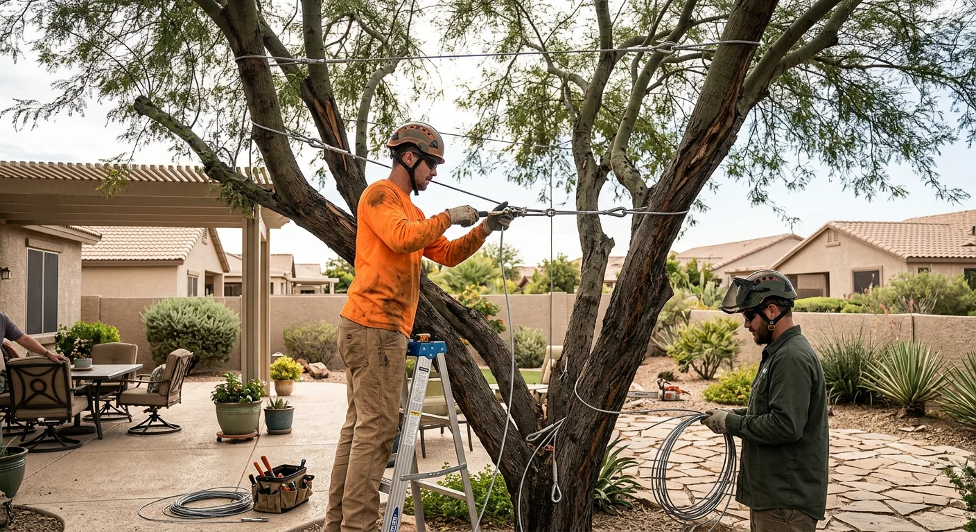 Multi-stemmed desert tree supported with cabling over a Sun City backyard patio