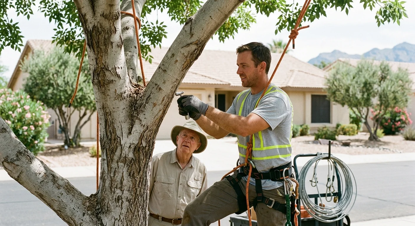 Technician inspecting weak branch union before cabling on a residential property