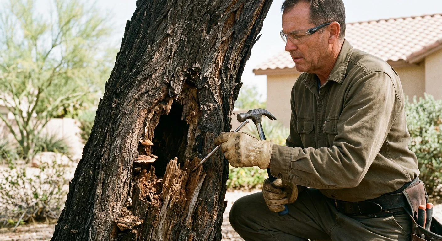 Heavy leaning limb sagging over a Sun City home during storm season
