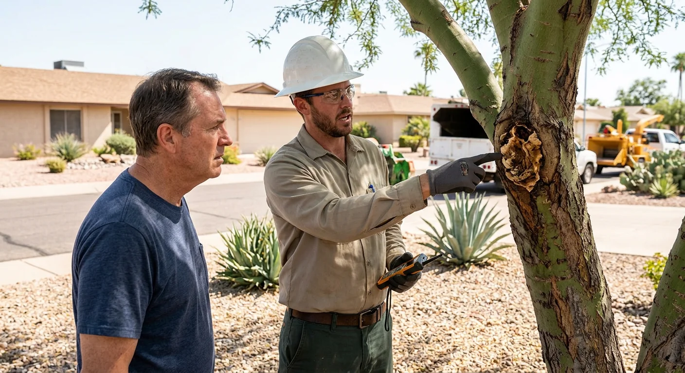 Bracing rod reinforcing a split branch union on a residential tree