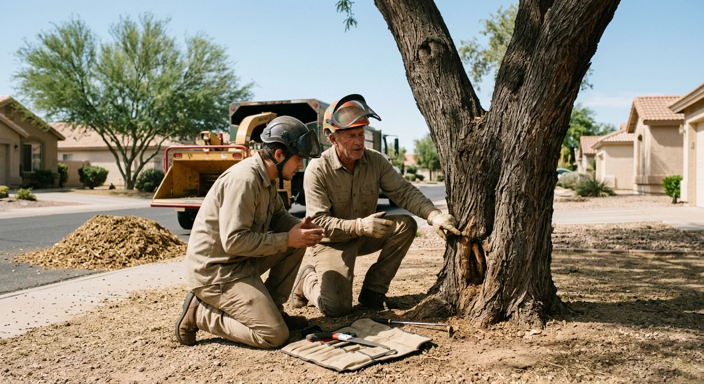 Arborist inspecting a mature desert tree canopy during a Sun City health assessment