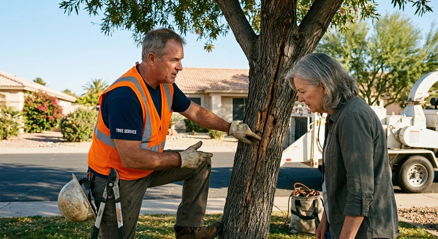 Arborist inspecting a mature backyard tree canopy at a Sun City home